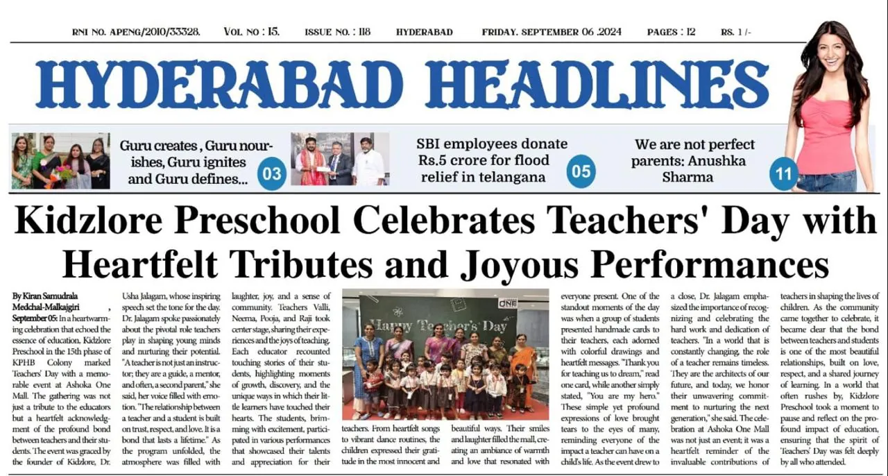 Newspaper clipping: Kidzlore Preschool Celebrates Teachers' Day with Heartfelt Tributes and Joyous Performances