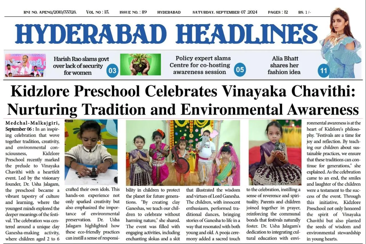 Newspaper clipping: Kidzlore Preschool Celebrates Vinayaka Chavithi: Nurturing Tradition and Environmental Awareness